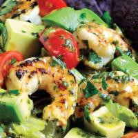  Shrimp And Avocado Salad · Organic mixed greens, cucumbers, tomatoes, carrots, avocado, marinated wild gulf shrimp, tor...