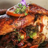  Brick Chicken · ½ bone-in free range chicken, homemade mashed potatoes, Brussels sprouts, smoked slab bacon,...