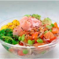 Aloha Bowl · Salmon (raw or grilled), edamame, red onion, cherry tomatoes, light ponzu, seaweed salad, av...
