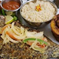 Grill Tilapia Fish  + Cassava Plantains  · Fry tilapia +onion +tomato + hot pepper sauce