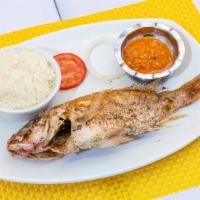 Red Snapper +Cassava Couscous · Fry fish + onion tomato,hot pepper