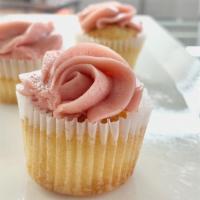 Strawberry  Cupcake · Fluffy vanilla cake topped with whipped strawberry buttercream