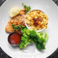 Pan Seared Salmon · Seasoned salmon pan seared to perfection. Served with two sides.