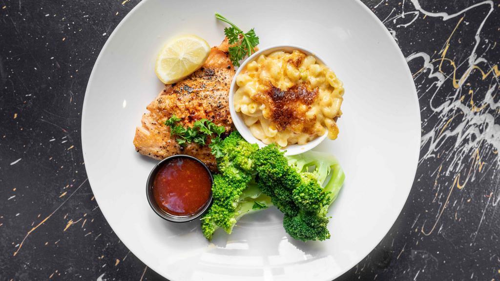 Pan Seared Salmon · Seasoned salmon pan seared to perfection. Served with two sides.