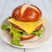 Impossible Burger · lettuce, tomato, pickle, onion, vegan pretzel bun