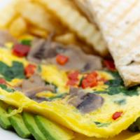 California Omelet · Eggs, spinach, mushroom, roasted red pepper and avocado