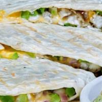 Chicken Quesadilla · Grilled chicken, green pepper, red onion, cheddar, mozzarella in a flour tortilla. Served wi...