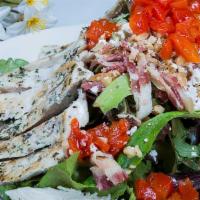 Country Salad · Grilled chicken, roasted red peppers, goat cheese, walnuts, and smoked bacon with balsamic v...