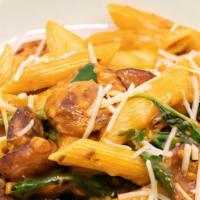 Spicy Chorizo Penne Pasta · Chorizo, penne pasta, spinach, marinara cream sauce, pepper flakes with parsley, and parmesa...