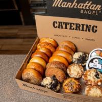 Broadway Breakfast Box · Includes 13 assorted bagels, six assorted pastries with two tubs of cream cheese and butter....