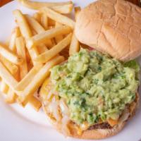 Guacamole Burger · Topped with lettuce, tomato and fresh-made guacamole. Served with French fries and a pickle.