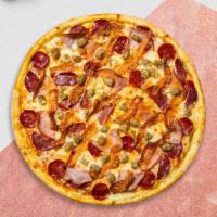 Meat Monster Vegan Pizza · Vegan mozzarella cheese with vegan marinara, vegan ham, vegan sausage, and vegan bacon.