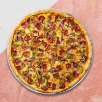 Supreme Vegan Pizza · Vegan mozzarella cheese with marinara, vegan ham, vegan bacon, vegan sausage, mushrooms, bel...