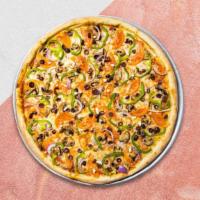 King Roast Veggie Vegan Pizza · Vegan mozzarella with roasted eggplant, roasted zucchini, mushroom, garlic, and roasted red ...