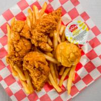 4 Piece Chicken Tenders · 4 pieces with honey butter biscuit. Choice of Honey mustard or BBQ sauce.