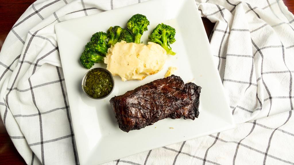 Skirt Steak · Certified black Angus skirt steak, served with broccoli and. choice of potato.