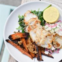 Reel Deal With Monkfish · Served over asparagus + mushroom, corn + cucumber + tomato salad, & cauliflower mash.
