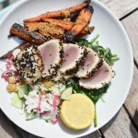 Reel Deal With Seared Tuna · Served over asparagus + mushroom, corn + cucumber + tomato salad, & cauliflower mash.