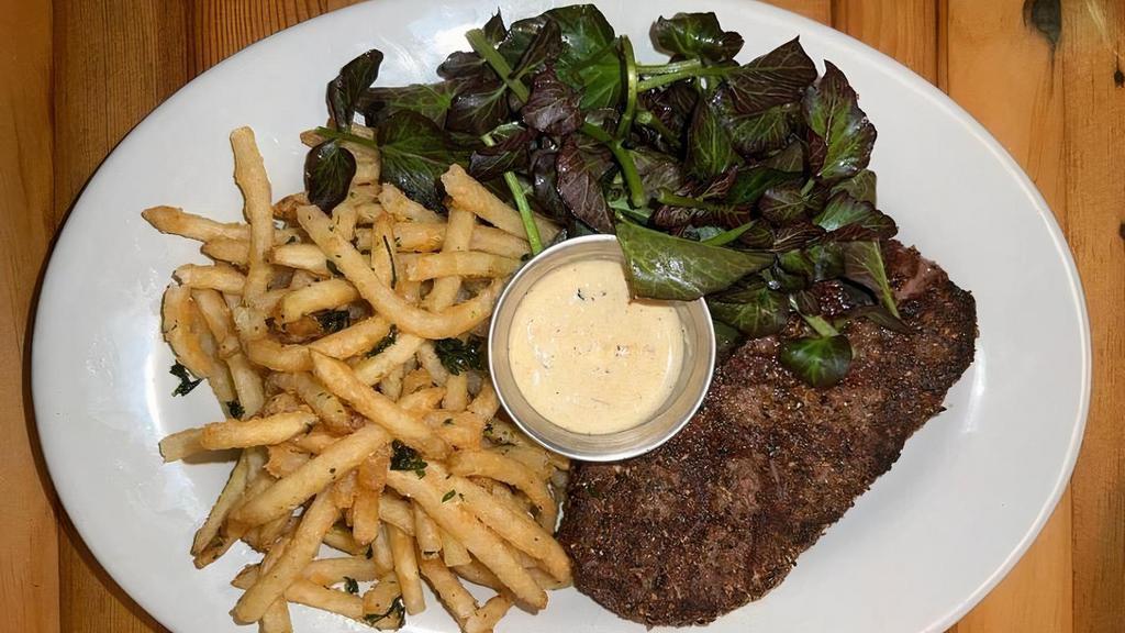 Steak Frites · new york strip steak, au poivre sauce, fries, watercress salad