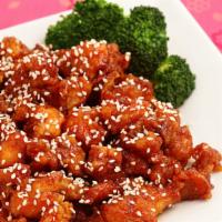 Sesame Chicken · With white rice. Spicy.