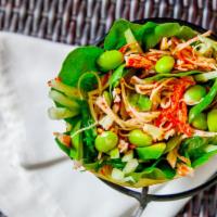 Spicy Crabmeat · Crabmeat sticks, mesclun mix, masago, seaweed salad, cucumbers, edamame(soy beans) crunchy s...