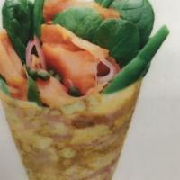 *26. Smoked Salmon · Smoked Salmon, Cream Cheese, Baby Spinach, Capers, Red Onions, String Beans.