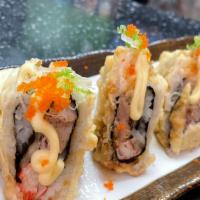 G Sushi Roll · Tuna, cucumber, crab meat with deep fried spicy mayo & eel sauce, hot sauce on top