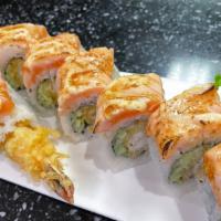 May Roll · Shrimp tempura, cucumber, top with sear salmon Japanese mayo