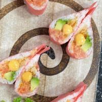 Valentine Roll · Spicy tuna, spicy salmon, avocado inside wrap with pink soybean