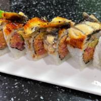 Samurai Roll · Spicy tuna, crunchy, avocado inside, top w eel & eel sauce