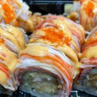 Hurricane Roll · Shrimp tempura, cucumber top with spicy kani, eel sauce