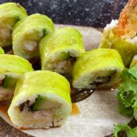 Green Devil Roll · Shrimp tempura, eel, avocado, cucumber wrapped in green soybean wrap, top with eel sauce & w...