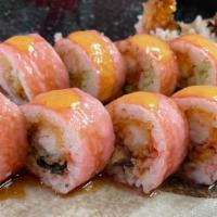 Target Roll · Shrimp tempura, eel, cucumber inside, wrapped in pink soybean with spicy mayo and eel sauce ...