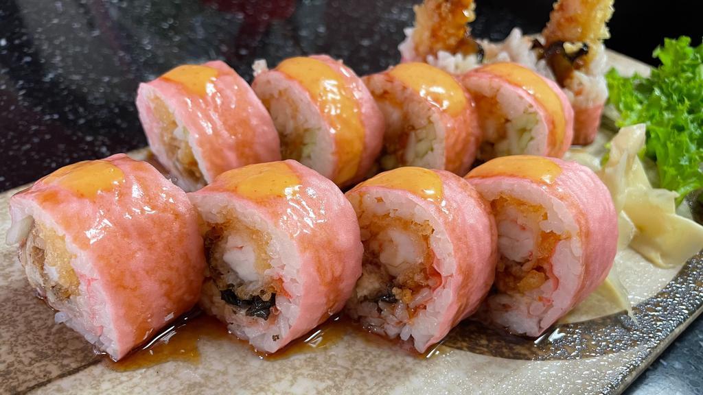 Target Roll · Shrimp tempura, eel, cucumber inside, wrapped in pink soybean with spicy mayo and eel sauce on top