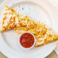 Cheesy Quesadilla With Chicken · Melted Cheddar and mozzarella cheeses, tomatoes, jalapeños, and scallions nestled in a soft ...