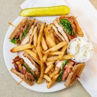 Chicken Breast And Bacon Club · Comes with lettuce, tomato, and mayo. Served with French fries, coleslaw, and a pickle.