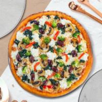 Veggie Medley Pizza · Your choice of sauce, bell peppers, mushrooms, kalamata olives, spinach, and vegan cheese ba...