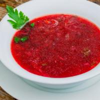 Red Borscht · This delicious and distinctive sour soup is made from boiled beets, herbs, and spices. Perfe...