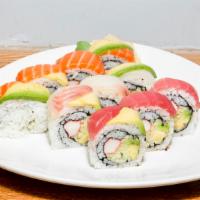 Rainbow Roll · Inside: crab meat, cream cheese, avocado, cucumber. Outside: tuna, salmon, white tuna.