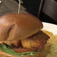 Grilled Salmon Fillet Burger · Grilled fillet of salmon with lettuce, tomato, and special house sauce on a lightly toasted ...
