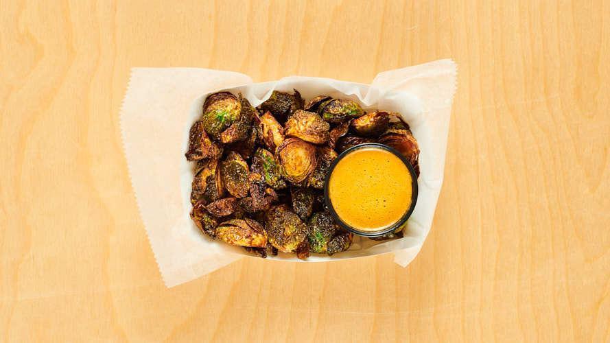 Crispy Brussel Sprouts · with sesame-tahini