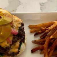Hot House Double · 2 smashed Angus burgers, American cheese, pickle, pickled onions, jalapeños, lettuce, tomato...