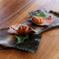 Uni Wagyu Beef Roll · sea urchin and wagyu beef, wrapped in dried seaweed with shiso and scallions