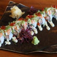 Salmon Roll · With tempura flakes, avocado, scallions, wasabi mayo, crab stick, and salmon roe.