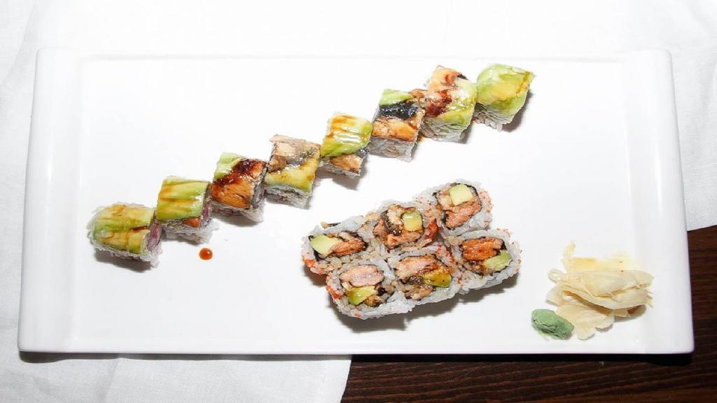 Dragon Roll · Eel, cucumber inside with avocado and tobiko on the top.