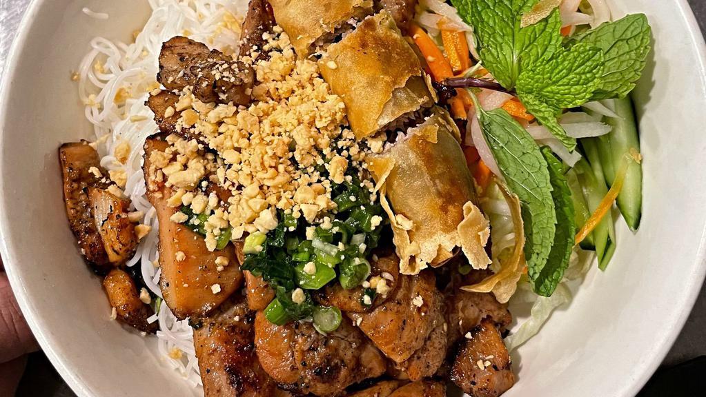 Gà Nướng, Chả Giò · Grilled chicken & spring roll on rice vermicelli.