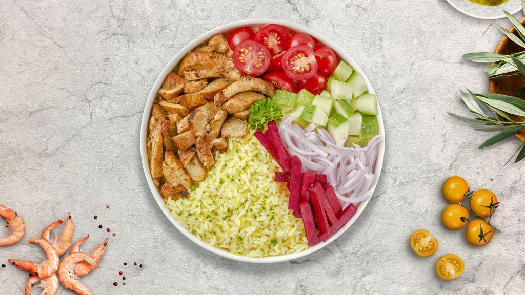Chicken Gyro On Rice · Thinly sliced pieces of chicken marinated in a mediterranean blend of herbs and spices served on a sizzling bed of rice, lettuce on the side, and drizzled with our chef's exquisite white and red sauce.