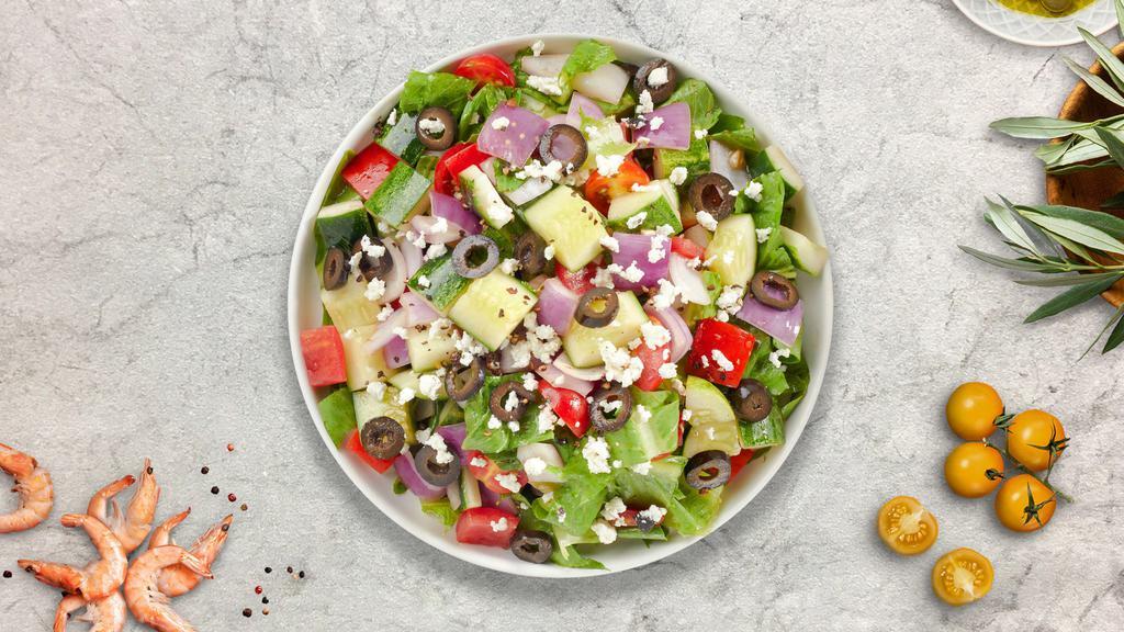 Greek Salad · (Vegetarian) Romaine lettuce, cucumbers, tomatoes, red onions, olives, and feta cheese tossed with balsamic vinaigrette dressing.