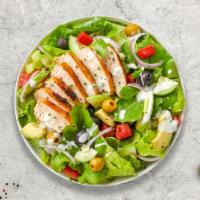 Grilled Chicken Salad · Mixed greens, grilled chicken, boiled eggs, tomatoes, toasted almonds, tossed with balsamic ...