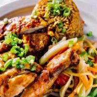 Fried Chicken And Chow Mein And Fried Rice · 